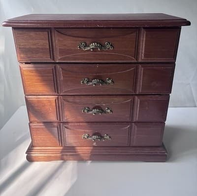 Vintage Wood Jewelry Box with 3 Drawers Flip Up Top With Mirror Approx 10X5X10.5