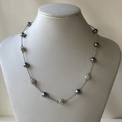 Vintage Nolan Miller Pave Crystals Faux Pearl Necklace Silver Tone TINSEL TOWN