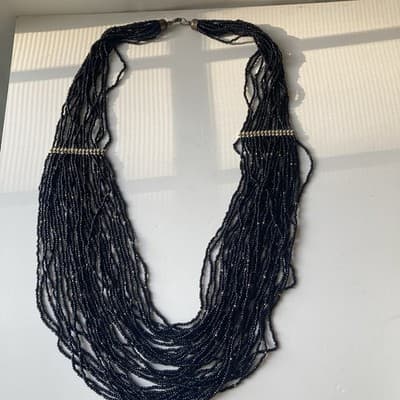 Vintage Black & Brass Multi Strand Seed Bead Necklace Statement Boho 14in Drop