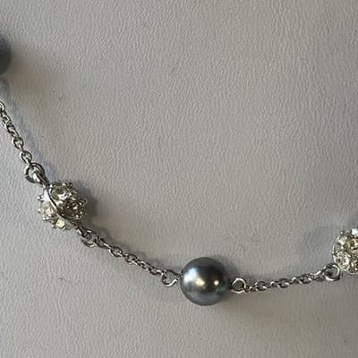 Vintage Nolan Miller Pave Crystals Faux Pearl Necklace Silver Tone TINSEL TOWN - Thumbnail 11