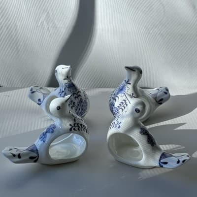 Vintage Bone China Blue And White Bird Napkin Ring Holders Set Of 4 Table Scape - Thumbnail 11