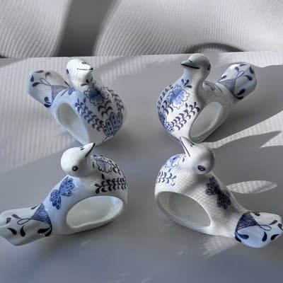 Vintage Bone China Blue And White Bird Napkin Ring Holders Set Of 4 Table Scape - Thumbnail 12