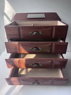 Vintage Wood Jewelry Box with 3 Drawers Flip Up Top With Mirror Approx 10X5X10.5 - Thumbnail 12