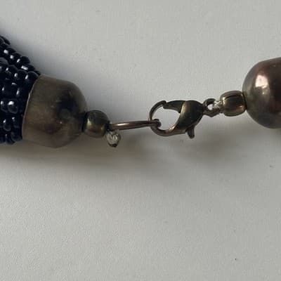 Vintage Black & Brass Multi Strand Seed Bead Necklace Statement Boho 14in Drop - Thumbnail 4