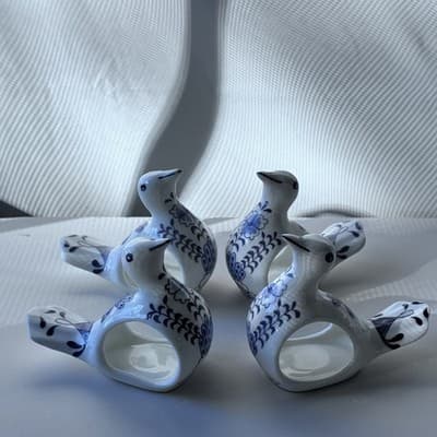 Vintage Bone China Blue And White Bird Napkin Ring Holders Set Of 4 Table Scape - Thumbnail 14