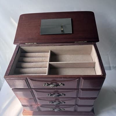 Vintage Wood Jewelry Box with 3 Drawers Flip Up Top With Mirror Approx 10X5X10.5 - Thumbnail 6
