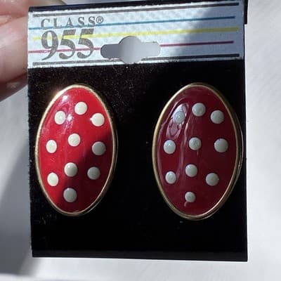 Vintage Deadstock Enameled Red Polka dot Earrings Pierced On Card 80s 90s Retro
