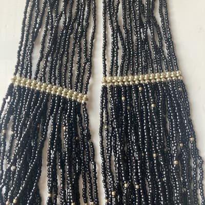 Vintage Black & Brass Multi Strand Seed Bead Necklace Statement Boho 14in Drop - Thumbnail 6