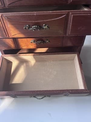 Vintage Wood Jewelry Box with 3 Drawers Flip Up Top With Mirror Approx 10X5X10.5 - Thumbnail 15