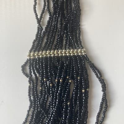 Vintage Black & Brass Multi Strand Seed Bead Necklace Statement Boho 14in Drop - Thumbnail 11