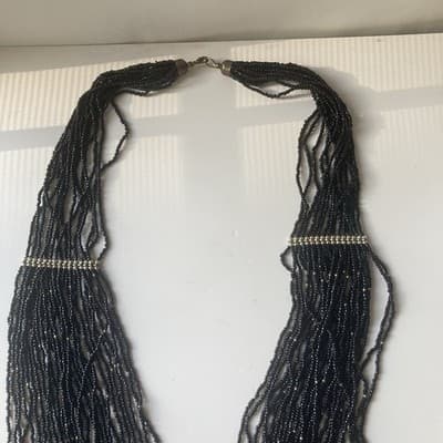 Vintage Black & Brass Multi Strand Seed Bead Necklace Statement Boho 14in Drop - Thumbnail 14