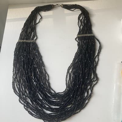 Vintage Black & Brass Multi Strand Seed Bead Necklace Statement Boho 14in Drop - Thumbnail 13