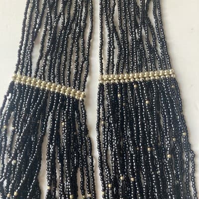 Vintage Black & Brass Multi Strand Seed Bead Necklace Statement Boho 14in Drop - Thumbnail 2