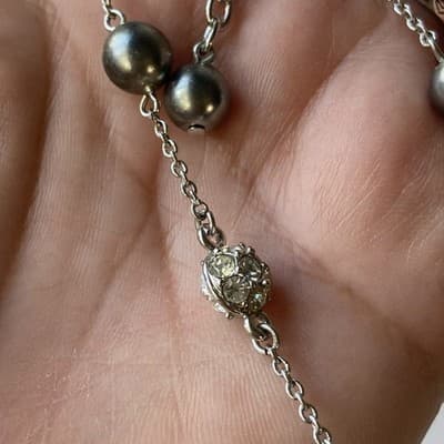 Vintage Nolan Miller Pave Crystals Faux Pearl Necklace Silver Tone TINSEL TOWN - Thumbnail 8