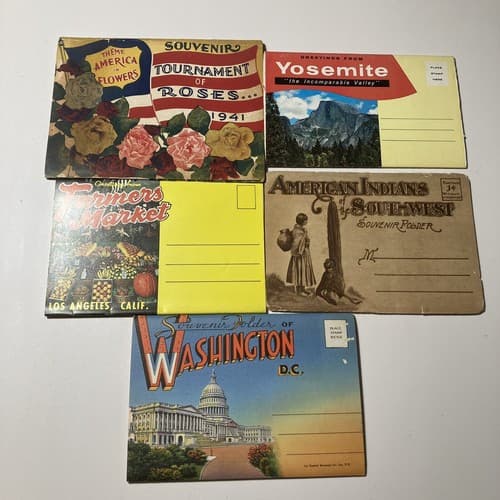 VTG SOUVENIR POSTCARD FOLDERS YOSEMITE,ROSE PARADE,NATIVE AMERICANS, DC LOT OF 5