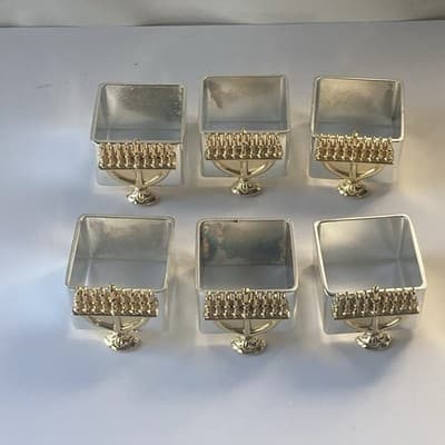 Menorah Metal Napkin Rings Holders Set of 6 Gold and Silvertone READ DESCRIPTION - Thumbnail 5