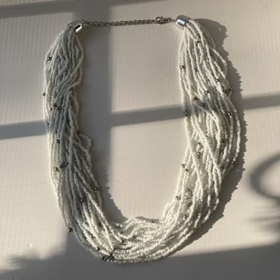 Vintage White Multi Strand Seed Bead Necklace 20 Strands 18 Inch Drop Boho