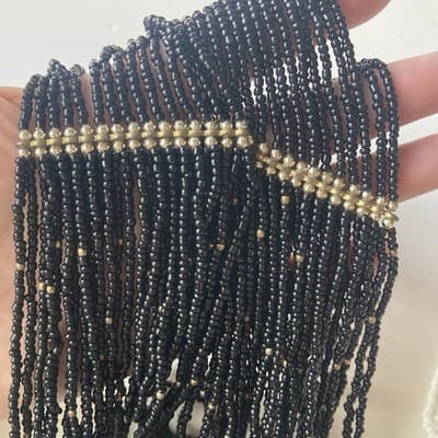 Vintage Black & Brass Multi Strand Seed Bead Necklace Statement Boho 14in Drop - Thumbnail 5