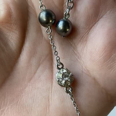 Vintage Nolan Miller Pave Crystals Faux Pearl Necklace Silver Tone TINSEL TOWN - Thumbnail 9