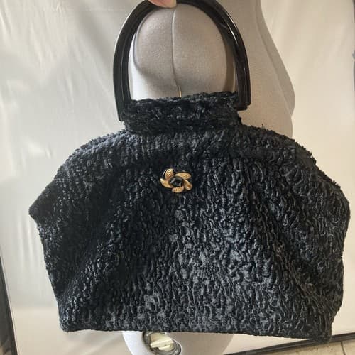 Vintage Atenti Doctor Hand Bag Purse Black Faux Fur Vintage Retro Style GLAM - Thumbnail 2