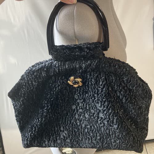 Vintage Atenti Doctor Hand Bag Purse Black Faux Fur Vintage Retro Style GLAM - Thumbnail 6