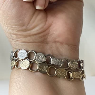 Vintage Sarah Coventry Etched Floral Link Bracelet Lot of 2 Goldtone+Silvertone - Thumbnail 4