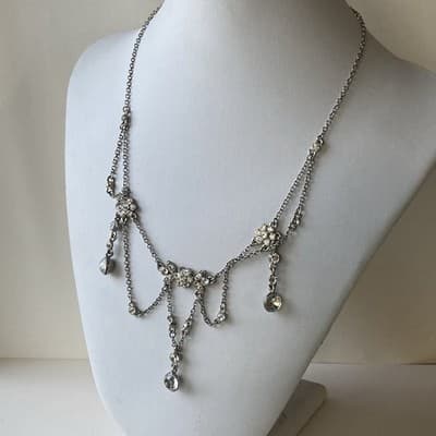 Vintage Cookie Lee Crystal Rhinetone Necklace Silver Tone Prom Icy Blingy 14in+3