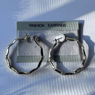 Vintage Deadstock Gold Tone Bamboo Hoop Earrings Hoops On Card 80s 90s Statement - Thumbnail 2