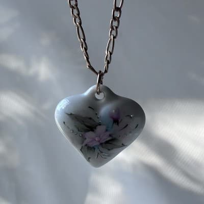 Vintage Ceramic Porcelain Heart Pendant Necklace Floral Cottage Hand Painted 80s - Thumbnail 8