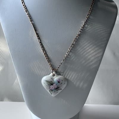 Vintage Ceramic Porcelain Heart Pendant Necklace Floral Cottage Hand Painted 80s - Thumbnail 9