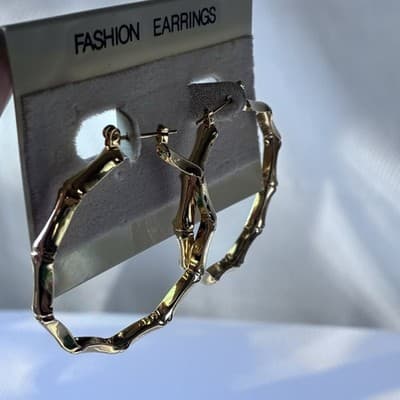 Vintage Deadstock Gold Tone Bamboo Hoop Earrings Hoops On Card 80s 90s Statement - Thumbnail 5