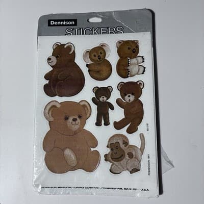 Vintage NOS Dennison Stickers 4 Sheets Brown Bears Monkeys Koalas Animals 1981