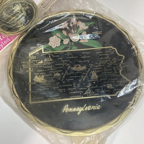 Vintage MCM Pennsylvania Map Serving Tin Tray W/ 6 Coasters BarWare Deadstock - Thumbnail 9