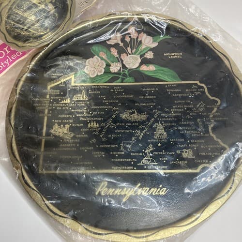 Vintage MCM Pennsylvania Map Serving Tin Tray W/ 6 Coasters BarWare Deadstock - Thumbnail 3