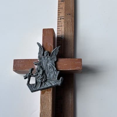 Vintage Wood Guardian Angel Cross Crucifix Wall Hanging Catholic Christianity - Thumbnail 6