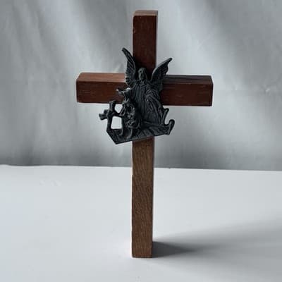 Vintage Wood Guardian Angel Cross Crucifix Wall Hanging Catholic Christianity