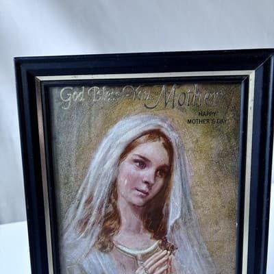 Vintage MCM Framed Catholic Mothers Day Art Print Rosary Holy Mother 1970 5X7 - Thumbnail 11
