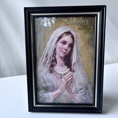 Vintage MCM Framed Catholic Mothers Day Art Print Rosary Holy Mother 1970 5X7 - Thumbnail 13