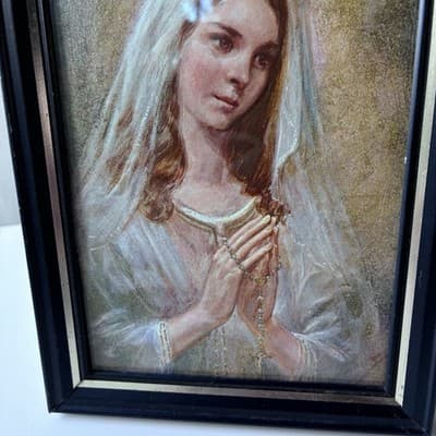 Vintage MCM Framed Catholic Mothers Day Art Print Rosary Holy Mother 1970 5X7 - Thumbnail 12