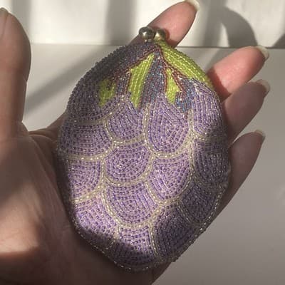 Vintage Beaded Coin Purse Purple Grape Cluster Brunch Kiss Clasp Fruits Kitsch - Thumbnail 2