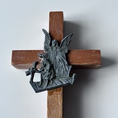 Vintage Wood Guardian Angel Cross Crucifix Wall Hanging Catholic Christianity - Thumbnail 3