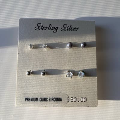 Sterling Silver 925 Stud Earrings Set Of 4 Cubic Zirconia New On Card Minimalist