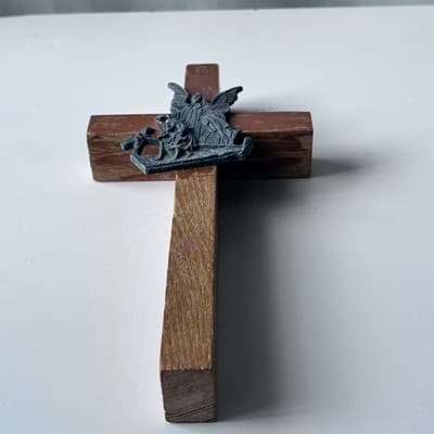 Vintage Wood Guardian Angel Cross Crucifix Wall Hanging Catholic Christianity - Thumbnail 12