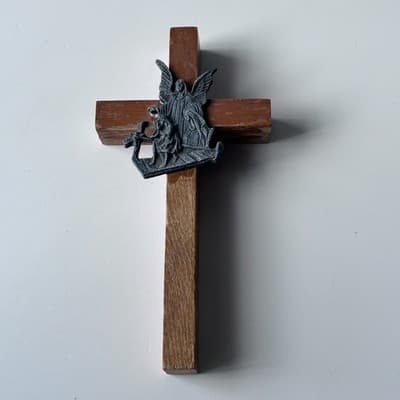 Vintage Wood Guardian Angel Cross Crucifix Wall Hanging Catholic Christianity - Thumbnail 2