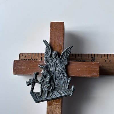 Vintage Wood Guardian Angel Cross Crucifix Wall Hanging Catholic Christianity - Thumbnail 4