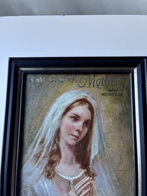 Vintage MCM Framed Catholic Mothers Day Art Print Rosary Holy Mother 1970 5X7 - Thumbnail 4