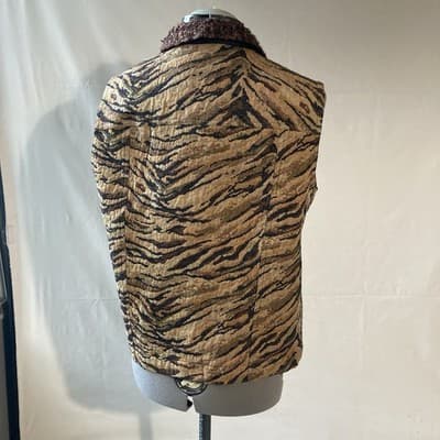 Vintage Y2K Coldwater Creek Tiger Tapestry Vest Jacket Fuzzy Collar Mob Wife M - Thumbnail 3