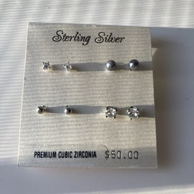 Sterling Silver 925 Stud Earrings Set Of 4 Cubic Zirconia New On Card Minimalist - Thumbnail 4