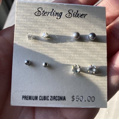 Sterling Silver 925 Stud Earrings Set Of 4 Cubic Zirconia New On Card Minimalist - Thumbnail 2