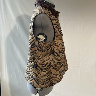 Vintage Y2K Coldwater Creek Tiger Tapestry Vest Jacket Fuzzy Collar Mob Wife M - Thumbnail 5